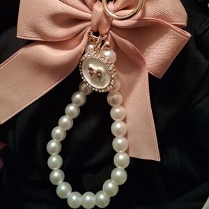 Elegant Pink Bow Phone/Purse Accessory  with Pearl Chain